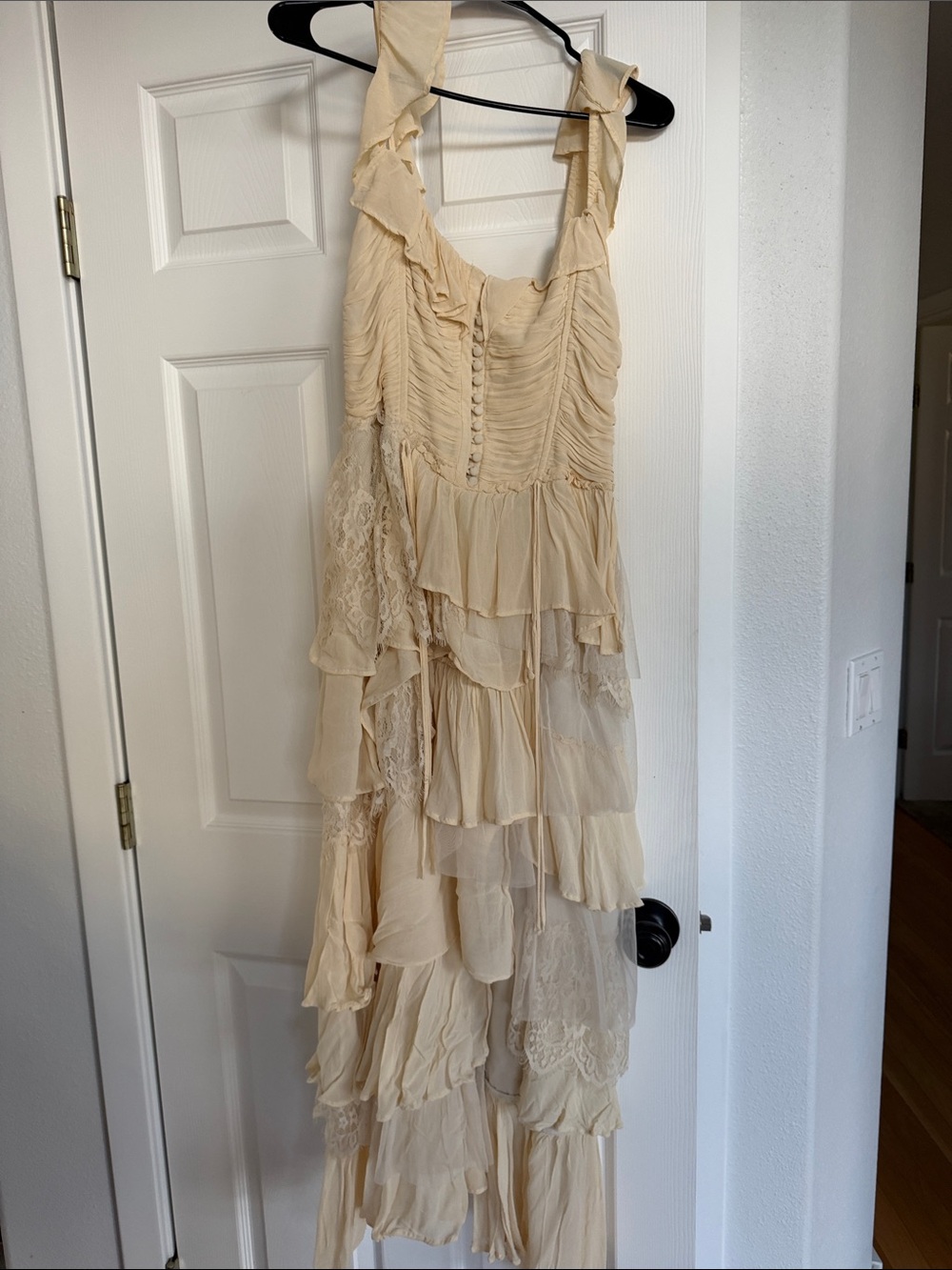 Anthropologie Cream Ruffled High-Low Tiered Dress